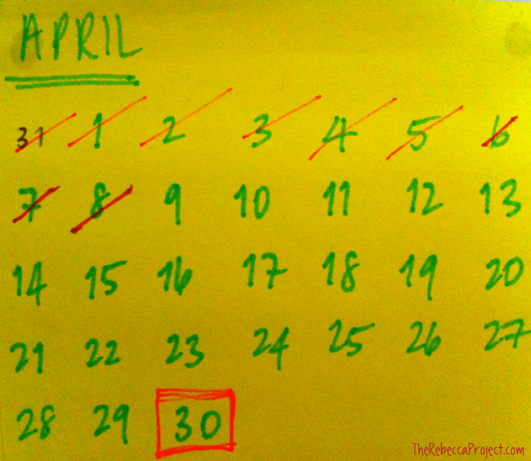 The handmade post-it calendar, blu-tacked to the wall. 